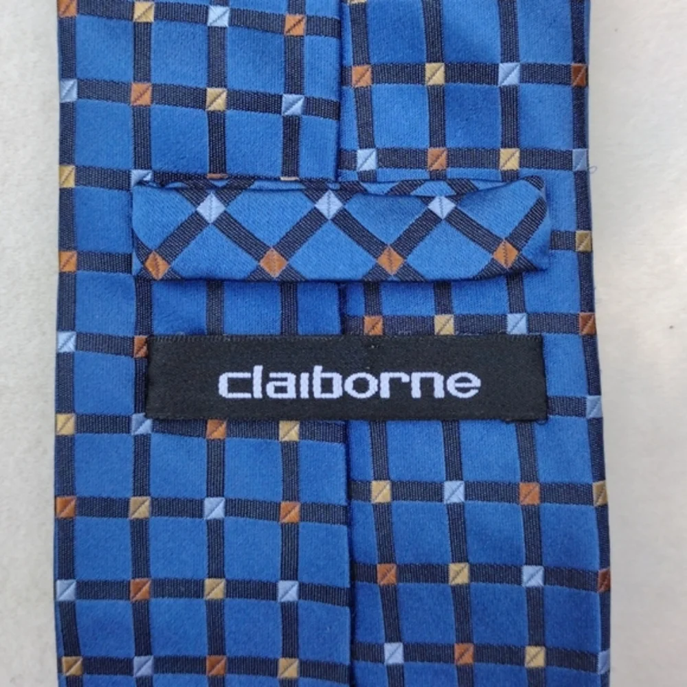 Silk Claiborne Blue, Gold, and Copper Square Geometric Tie EUC